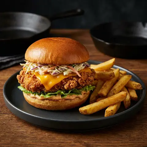 Burger crispy pui și cartofi prăjiți